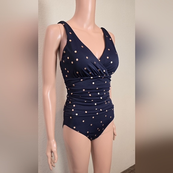 Boden Amalfi Navy Blue Gold Polka Dots One Piece Bandeau Swimsuit Women’s Size 6 - Picture 4 of 6